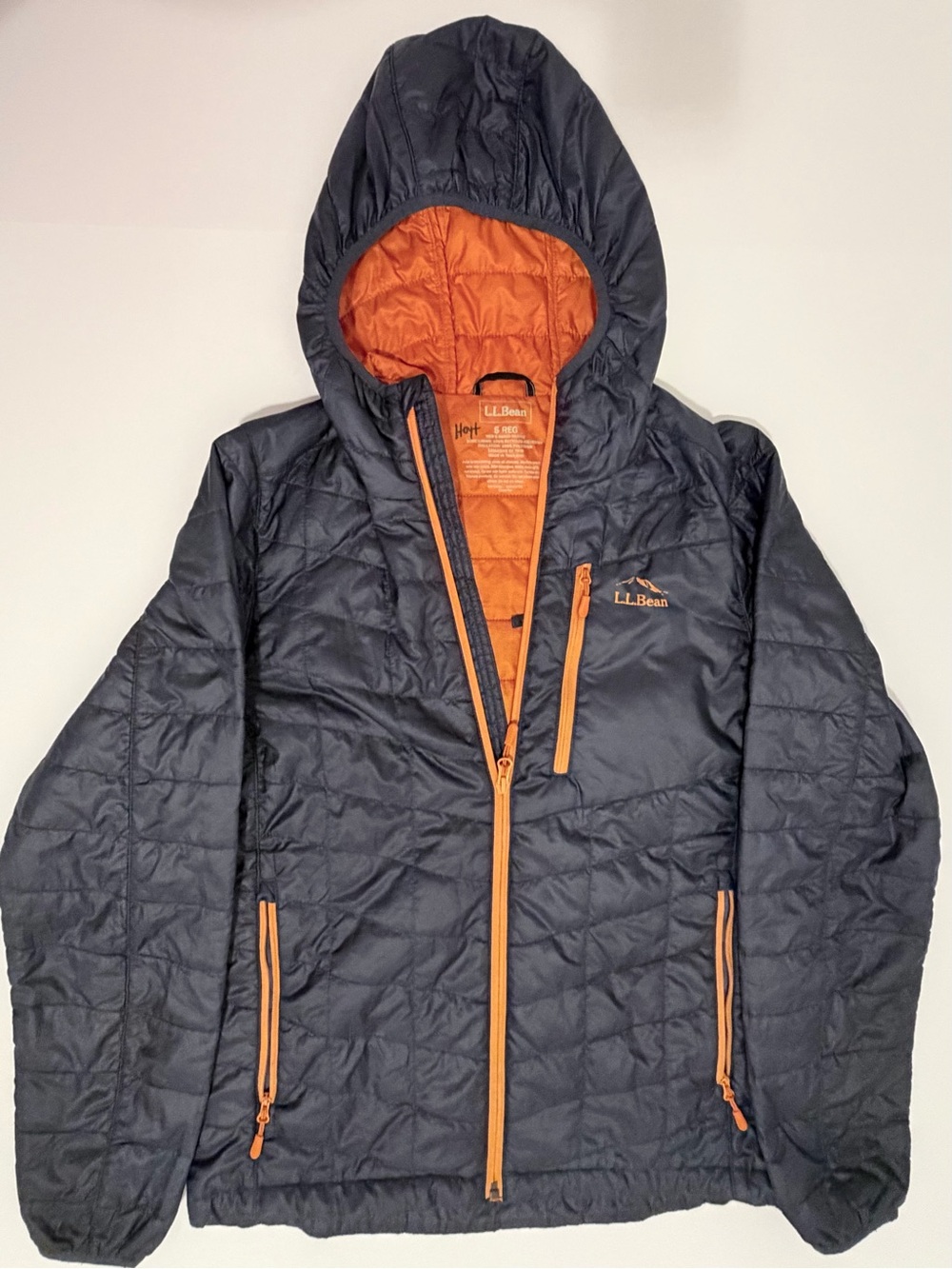 L.L. Bean Men's PrimaLoft Packaway Hooded Jacket Navy Blue & Orange Size Small